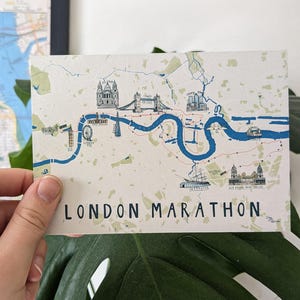 LONDRES 2025 | Carte postale A6, carte du parcours de course à pied de Londres 2025, marathon | Dessiné à la main | Oeuvres d'art originales pour coureurs | Cadeau finisseur