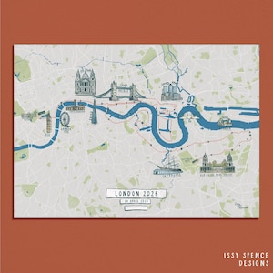 Puede incluir: Un mapa detallado de Londres con ilustraciones de lugares emblemáticos como el Tower Bridge y el London Eye. El mapa incluye el texto "London 2026" y la fecha "26 de abril de 2026".