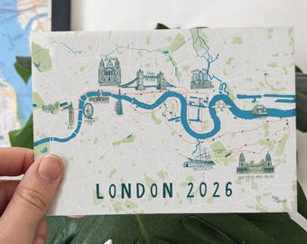 Cartolina A6 con mappa del percorso di corsa di Londra / Mappa del percorso della maratona 2026 / Regalo per i partecipanti alla maratona /