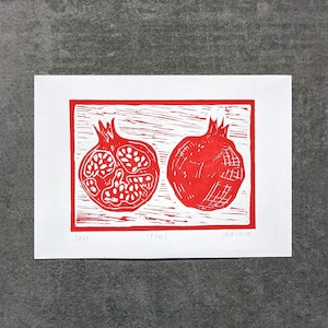POMS | A5 Pomegranate Hand Printed Linocut Art Print | Original artwork wall art decor | Red Fruit