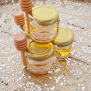 Pot de miel personnalisé thème doré+ cuillère en bois pour vos évènements par 10