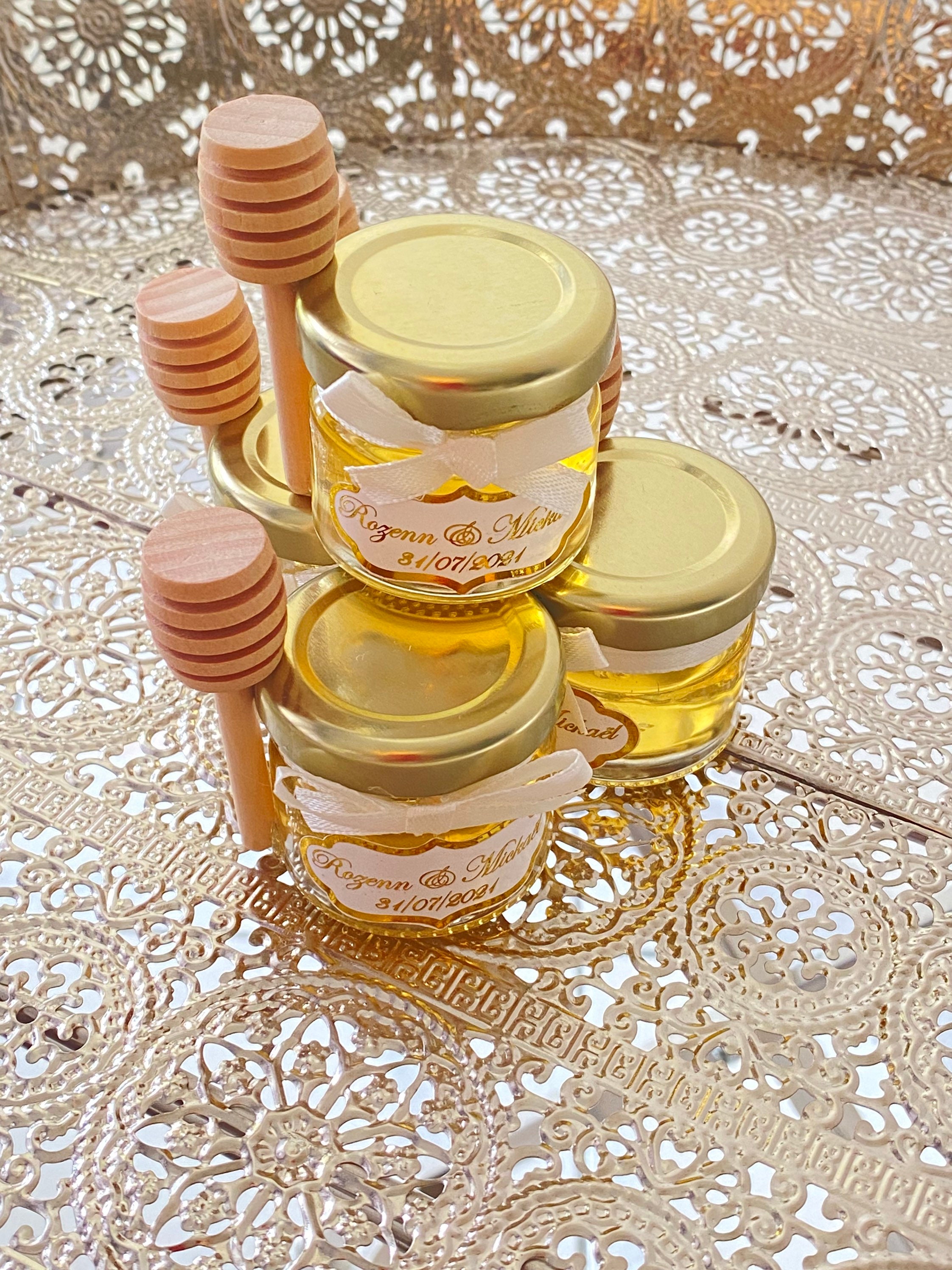 Pot de miel personnalisé thème doré cuillère en bois pour vos évènements  par 10 -  France