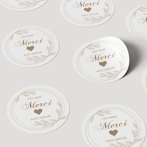 150 stickers autocollants, Etiquettes "Fait-main, avec amour Merci" de 4cm