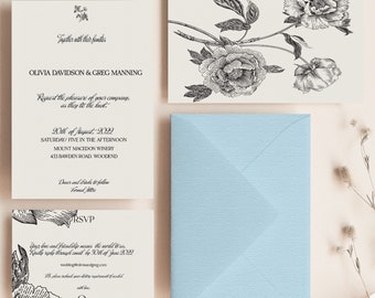 Black & Cream Classic Wedding Invitation Suite - Floral