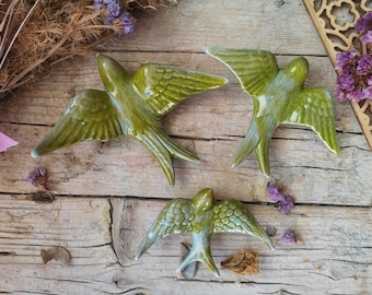 Set of 3 Portuguese Green Ceramic Swallows, Portugal Pottery, Portugal Swallows, Keramik Portugal