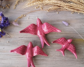Set of 3 Portuguese Pink Ceramic Swallows, Portugal Pottery, Portugal Swallows, Keramik Portugal