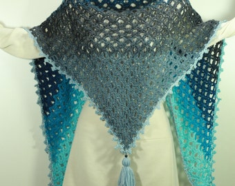 MEO Crocheted Kerchief Triangle Shawl 100% Acrylic Ombre Blue & Gray 80 x 48 x 48 Lace Scarf Wrap