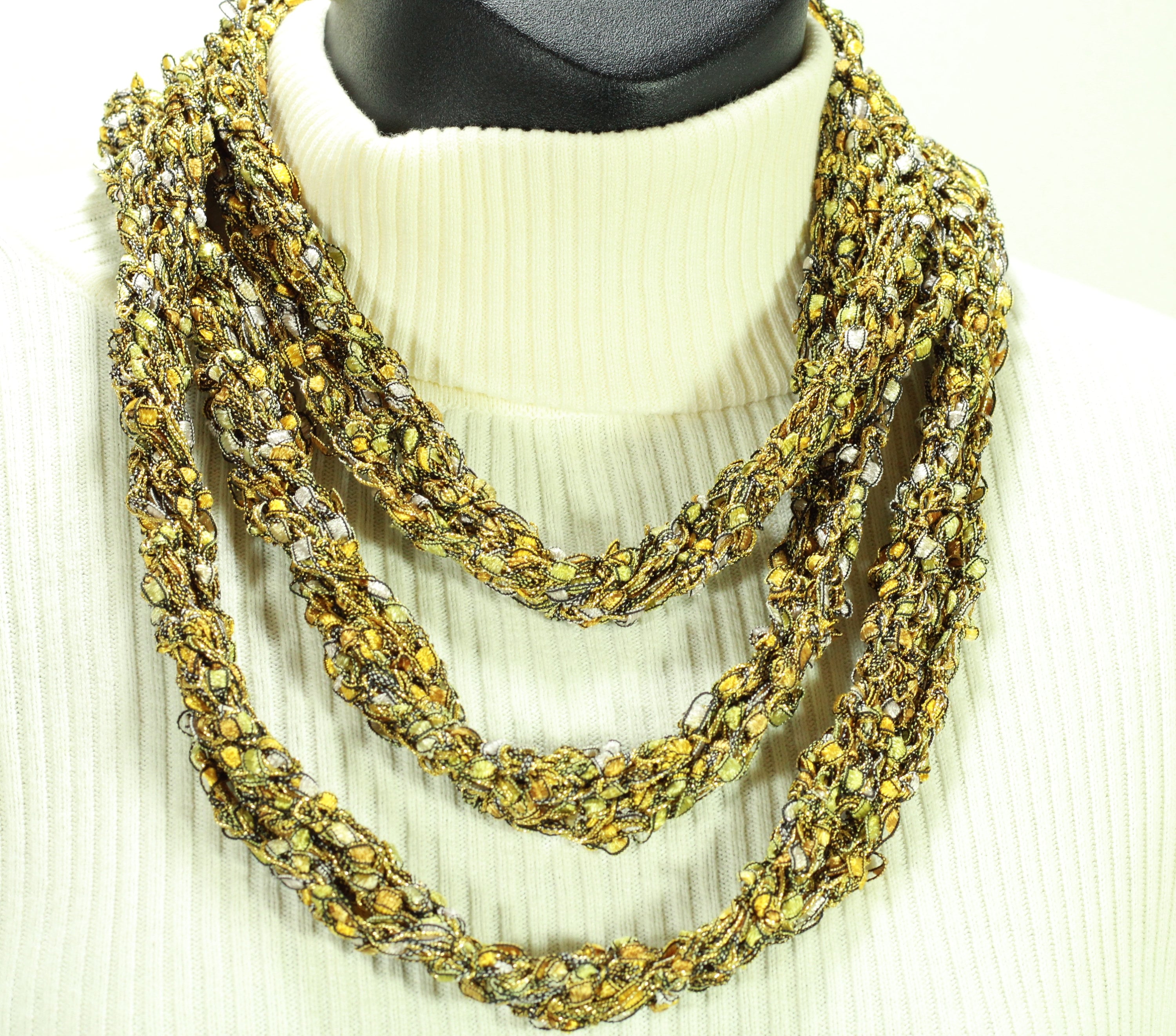 Crocheted Gold & Silver Ladder Yarn Scarf: Sparkle Wrap Shawl