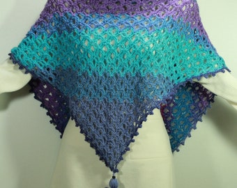 MEO Crocheted Kerchief Triangle Shawl 100% Acrylic Ombre Purple, Blue, and Turquoise 81 x 58 x 58 Lace Scarf Wrap