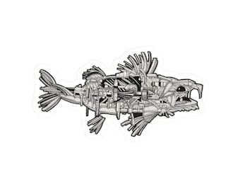 Mechanischer Fisch Aufkleber | Kiss-Cut Vinyl Aufkleber, Steampunk Skelett Design