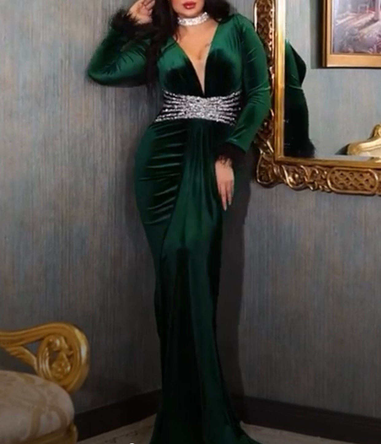 14873 Emerald Green Draped Wrap Skirt Velvet Dress
