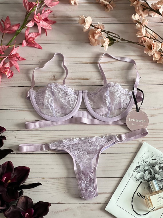 Lace Lingerie Set Bralette & Brief Set in Light Purple See Through