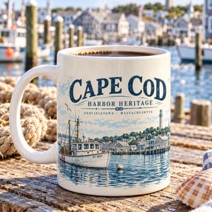 Könnte beinhalten: Ein weißer Keramikbecher mit einer dunkelblauen Grafik eines Fischerbootes im Hafen und dem Text CAPE COD HARBOR HERITAGE PROVINCETOWN MASSACHUSETTS. Der Becher ist mit schwarzem Kaffee gefüllt und zeigt eine detaillierte Illustration der Küstenstadt.