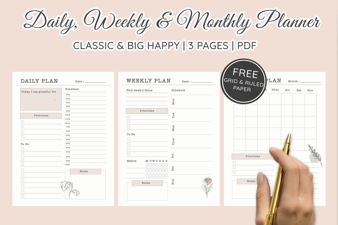 Minimal Daily Weekly Monthly Planner, Printable PDF Inserts, Mambi ...