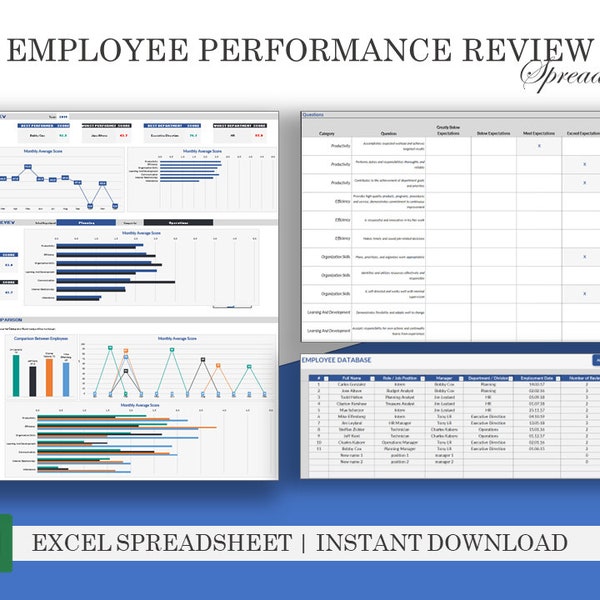 Modèle d’évaluation du rendement | Examen des employés | Suivi des avis | Modèle Excel | Téléchargement instantané | Journal des performances | Suivi des performances