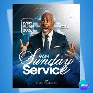 May include: A promotional poster with a blue and white gradient background. The poster features a man in a suit, with the text "9AM Sunday Service" in large, stylized white font. Additional text includes "Every Sun 2026" and "Pastor William E. Mays."