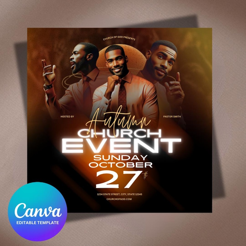 May include: A flyer for an Autumn Church Event on Sunday, October 27th. The flyer features a photo of three men in suits and the text "Autumn Church Event" in a gold font.