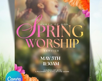 Spring Worship Service Flyer Template, Floral Church Event Canva Design (Digital Download)