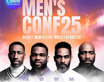 Może przedstawiać: Plakat promujący wydarzenie "Men's Conf 25" z czterema portretami mężczyzn. Plakat ma gradientowe tło i tekst "Mighty Men Rising: Built for Battle". Wydarzenie zaplanowano na 1-4 marca 2025 w Detroit, MI. Zarejestruj się online.