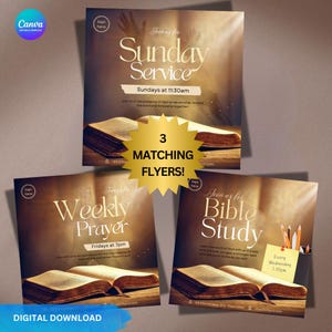 May include: Three matching flyers for church services. The flyers feature a golden background with an open Bible and the text "Join us for Sunday Service", "Join us for Weekly Prayer", and "Join us for Bible Study".