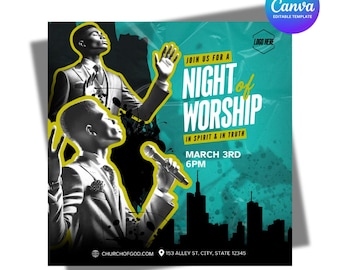 Canva Church Flyer Worship Night Blue Yellow Editable template Spring