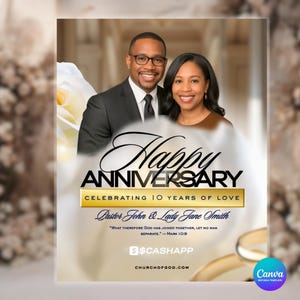 May include: A celebratory anniversary card featuring a smiling couple. The words "Happy Anniversary" are prominently displayed, along with "Celebrating 10 Years of Love." The card includes the names "Pastor John & Lady Jane Smith" and a Bible verse.