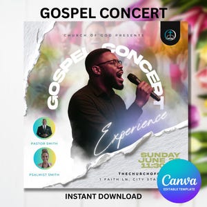 May include: A promotional poster for a Gospel Concert. The design features a man singing into a microphone, with the words "Gospel Concert" and "Experience" prominently displayed. Includes details for the event, such as the date, time, and location.