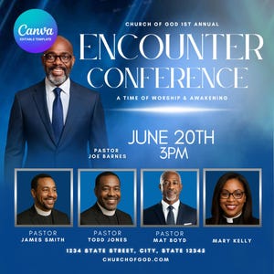 Puede incluir: Un cartel promocional para la 1ª Conferencia Anual Encounter de la Iglesia de Dios. El diseño presenta un fondo degradado azul con el título y los detalles del evento. Incluye retratos de pastores e información del evento.