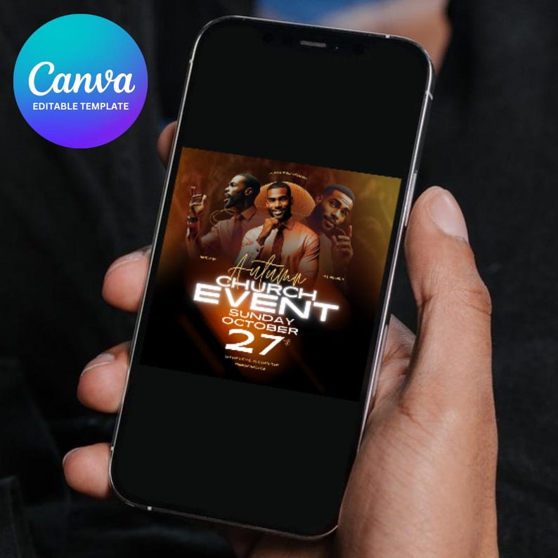 May include: A digital flyer for an Autumn Church Event on Sunday, October 27th. The flyer features three men in suits and a black background with gold accents.
