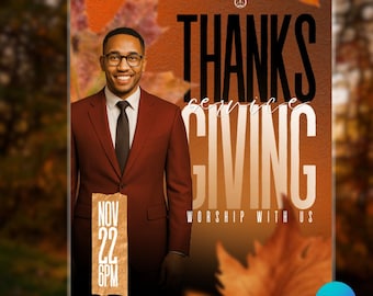 Thanksgiving Church Service Flyer Template | Editable Canva Flyer | Fall Worship Event Design