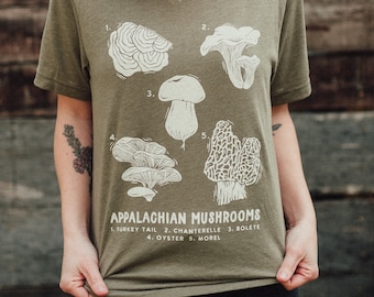 Appalachian Mushroom Foraging T-Shirt, Mycology Shirt, Morel Mushroom Shirt, Turkey Tail Shirt, Foraging Shirt, Dry Land Fish Shirt - Green
