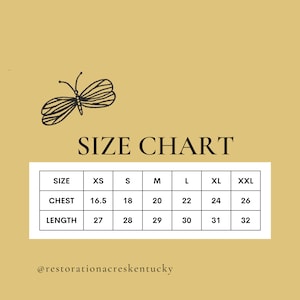 May include: A size chart with chest and length measurements in inches, ranging from XS to XXL. The chart is on a tan background with a butterfly graphic and the text "SIZE CHART". The Etsy shop's name is also included.