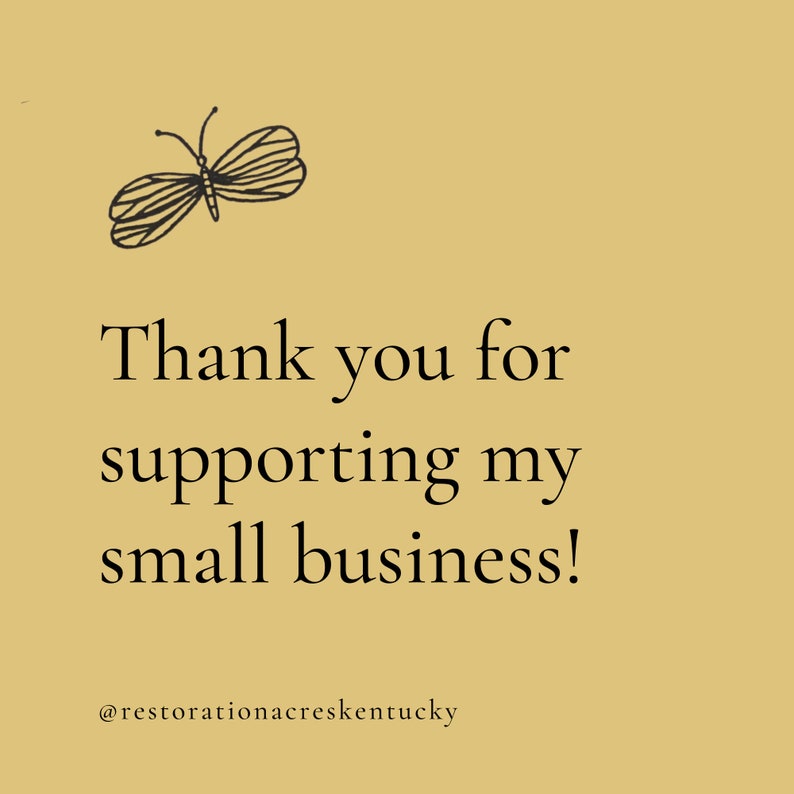 May include: A tan background with a black line drawing of a butterfly in the upper left corner. The text reads "Thank you for supporting my small business!" with the Instagram handle @restorationacreskentucky below.