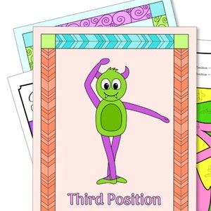 May include: A green monster with purple arms and legs is in a ballet pose. The monster has a pink nose and a big smile. The background is pink with a colorful border. The text "Third Position" is at the bottom of the image.
