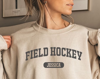 Camisa personalizada de hockey sobre césped, sudadera, sudadera con capucha, manga larga, regalo, cuello redondo de jugador de hockey sobre césped personalizable, mamá de hockey sobre césped