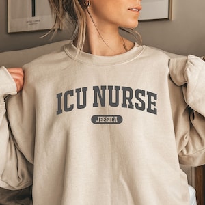 Personalized ICU nurse shirt, sweatshirt, hoodie, long sleeve, gift, classic custom name intensive care nurse, critical care rn