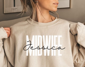 Camiseta de partera personalizada, sudadera, sudadera con capucha, manga larga, regalo, nombre personalizado Partera, UCIN, trabajo de parto y parto