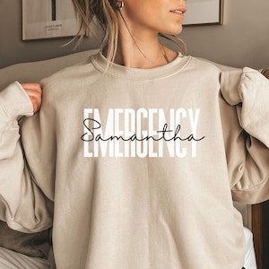 Personalized emergency shirt, sweatshirt, hoodie, long sleeve, gift, custom name emergency nurse, tech, er squad