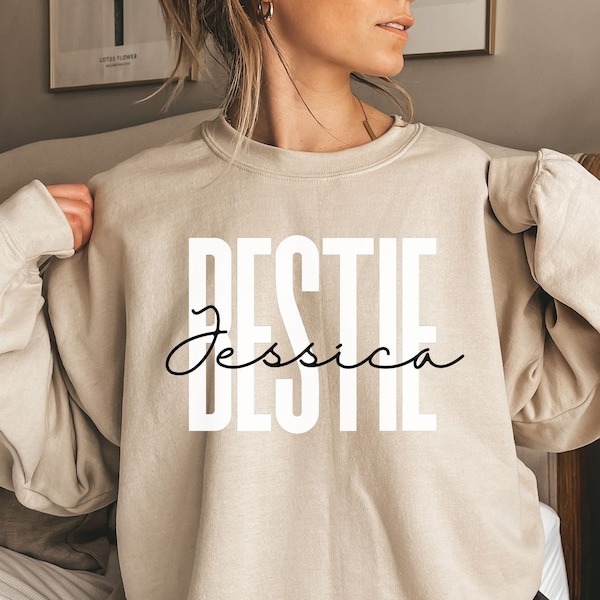 Personalized bestie shirt, sweatshirt, hoodie, long sleeve, gift, custom name best friend gift, besties matching shirts, sand color crewneck