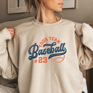 Gepersonaliseerd honkbalteamshirt, sweatshirt, hoodie, lange mouw, cadeau, aangepaste teamnaam en nummer Honkbalteam, honkbalspeler, zand