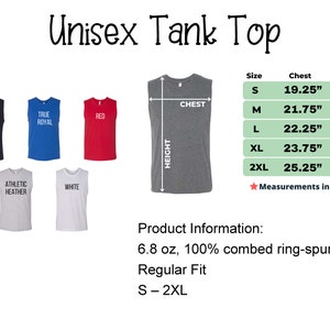 Puede incluir: Camiseta sin mangas unisex en varios colores, incluyendo negro, rojo, azul, blanco y gris. La camiseta sin mangas est&aacute; hecha de algod&oacute;n peinado ring-spun de 6,8 oz, 100%. Las tallas van de la S a la 2XL. Las medidas est&aacute;n en pulgadas.