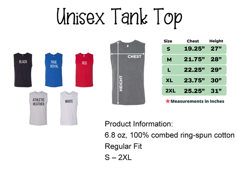 Puede incluir: Camiseta sin mangas unisex en varios colores, incluyendo negro, rojo, azul, blanco y gris. La camiseta sin mangas est&aacute; hecha de algod&oacute;n peinado ring-spun de 6,8 oz, 100%. Las tallas van de la S a la 2XL. Las medidas est&aacute;n en pulgadas.