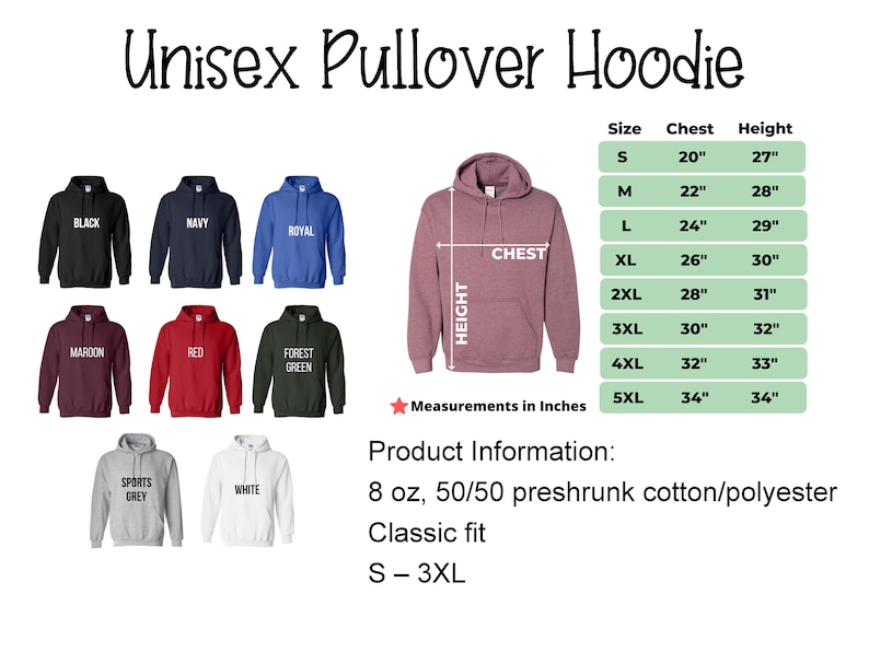 Puede incluir: Sudadera con capucha unisex en varios colores, incluyendo negro, azul marino, azul real, granate, rojo, verde bosque, gris deportivo y blanco. La sudadera est&aacute; disponible en tallas S-5XL. La tabla de tallas muestra las medidas de pecho y altura en pulgadas.