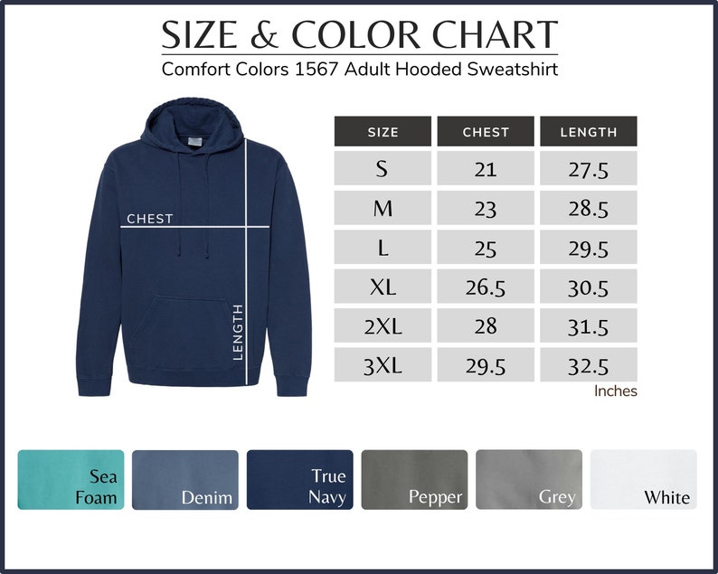 K&ouml;nnte beinhalten: Gr&ouml;&szlig;entabelle f&uuml;r ein Kapuzenpullover in verschiedenen Gr&ouml;&szlig;en von S bis 3XL. Die Tabelle zeigt Brust- und L&auml;ngenma&szlig;e in Zoll. Der Pullover ist in zehn Farben erh&auml;ltlich: Sea Foam, Denim, True Navy, Pepper, Grey, White, Heather Grey, Black, Burgundy und Forest.