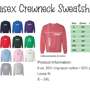 May include: A unisex crewneck sweatshirt in a variety of colors, including black, navy, royal blue, purple, maroon, red, forest green, Irish green, dark heather, light blue, light pink, white, sand, sport grey, and ash. The sweatshirt is available in sizes S-3XL. The measurements are shown in inches. The sweatshirt is made of 9 oz, 50% ring-spun cotton and 50% polyester. It has a loose fit.