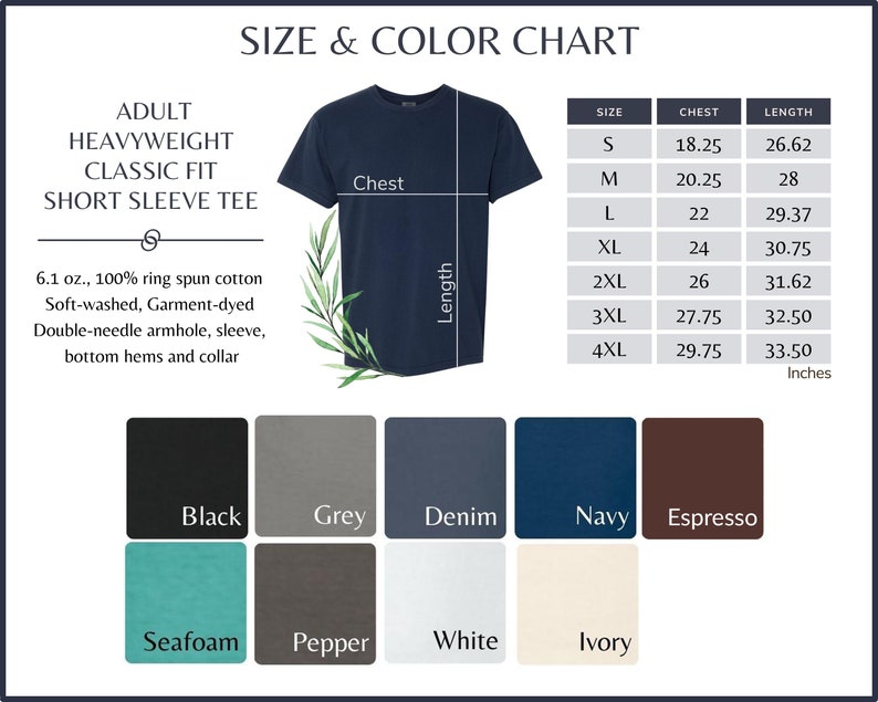 K&ouml;nnte beinhalten: Gr&ouml;&szlig;en- und Farbtabelle f&uuml;r klassische, schwere, kurz&auml;rmelige T-Shirts f&uuml;r Erwachsene. Die Tabelle zeigt die Gr&ouml;&szlig;en von S bis 4XL mit den entsprechenden Brust- und L&auml;ngenma&szlig;en in Zoll. Die verf&uuml;gbaren Farben sind Schwarz, Grau, Denim, Marine, Espresso, Seegr&uuml;n, Pfeffer, Wei&szlig; und Elfenbein.