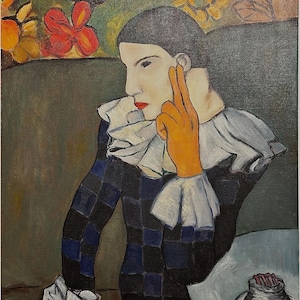 Seated Harlequin by Pablo Picasso, Post-Impressionist Reproduction Oil Painting