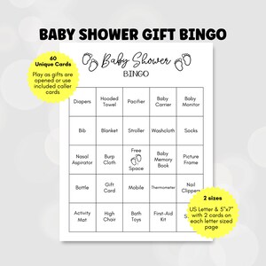 Baby Shower Gift Bingo Cards; 60 Unique Cards, Baby Shower Bingo; Baby Shower Game