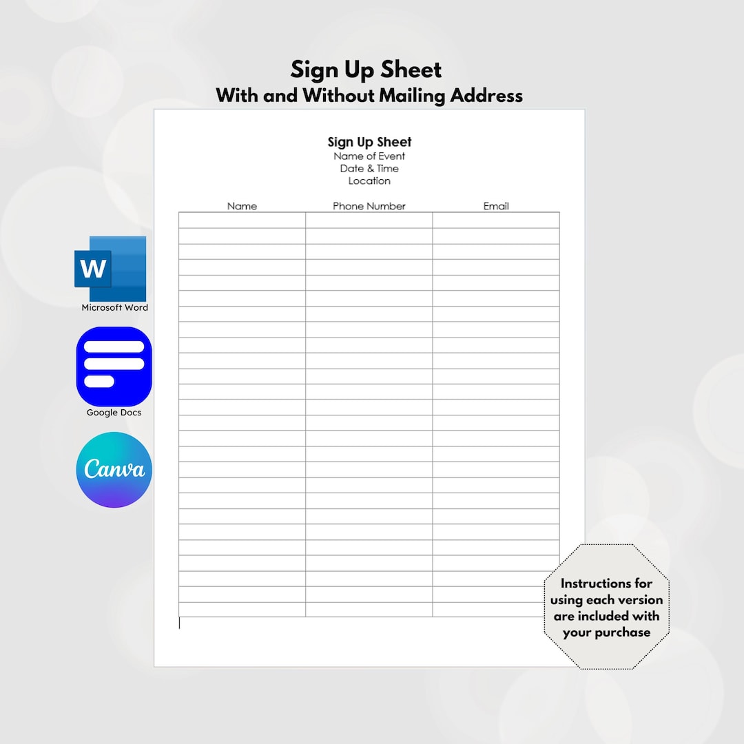 EDITABLE! Sign up Sheet With and Without Mailing Address - Etsy