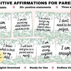 Affirmations for Parents, 55+ affirmations can be used as cards, posters, signs, journal prompts. Printable PDF, PNG